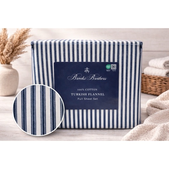 Brooks Brothers Luxury Turkish Cotton Flannel Sheet Set Navy White Size Full